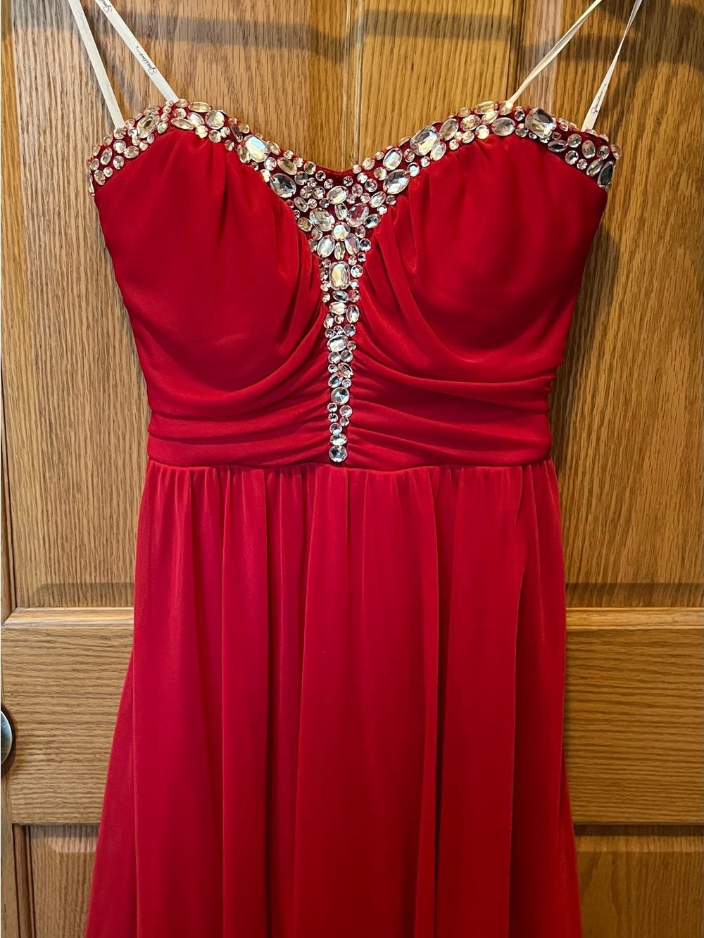 Speechless Red Strapless Evening Dress with Crystal Accents